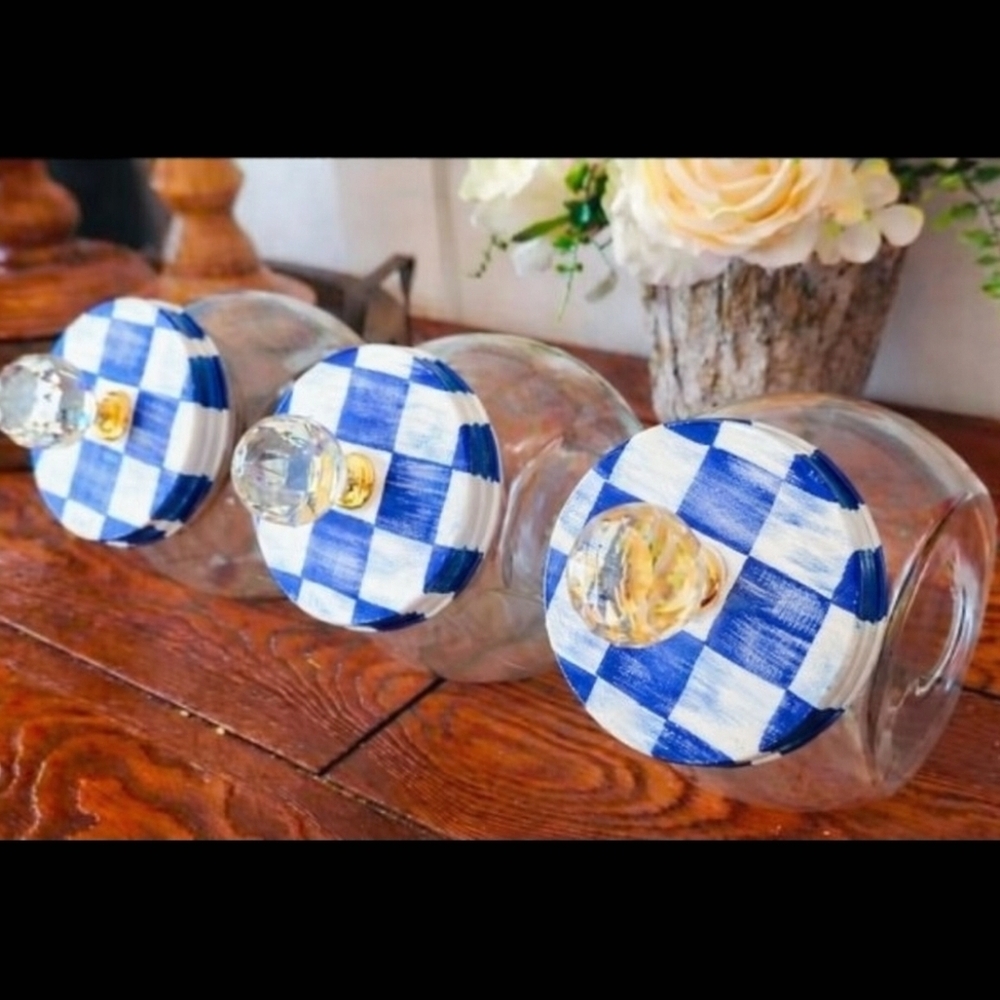 Blue and White Checkered Glass Jars